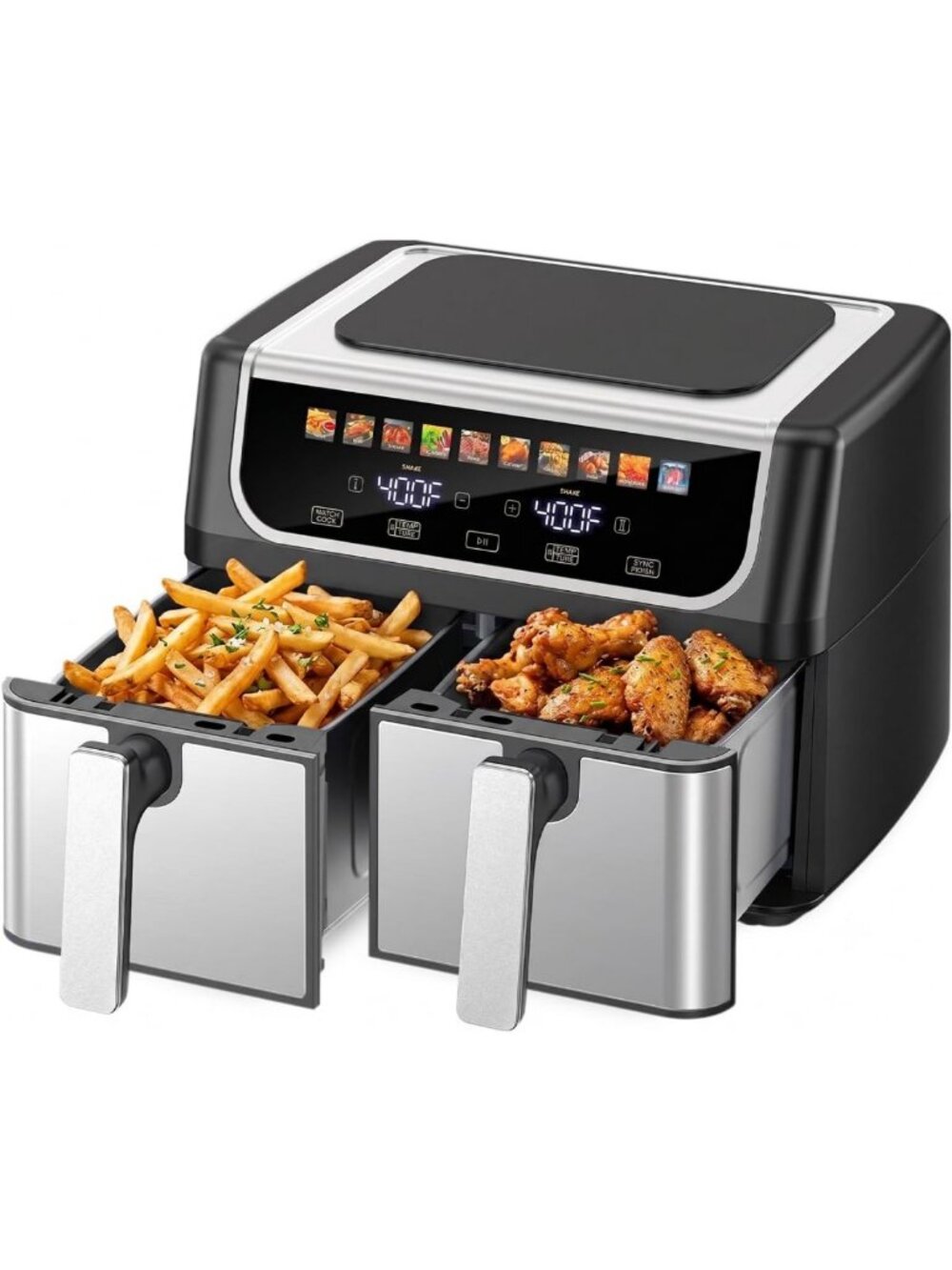 9.5QT Dual Basket Air Fryer Oven - 10-in-1, Temp Control, Sync Finish, Bake